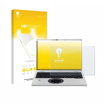 Face avant d’un emballage produit avec le logo de la marque upscreen. À côté, l’appareil Panasonic CF-FV3 est représenté avec 