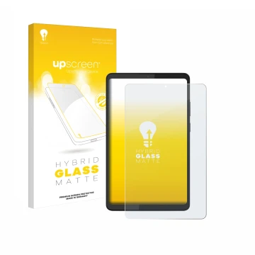 Face avant d’un emballage produit avec le logo de la marque upscreen. À côté, l’appareil Lenovo Tab K9 est représenté avec la 