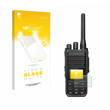 Face avant d’un emballage produit avec le logo de la marque upscreen. À côté, l’appareil Hytera HP565 est représenté avec la p