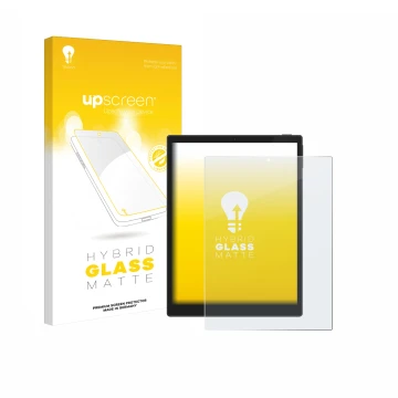 Face avant d’un emballage produit avec le logo de la marque upscreen. À côté, l’appareil Hannspree Lumo 7.8 est représenté ave