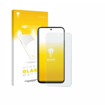 Face avant d’un emballage produit avec le logo de la marque upscreen. À côté, l’appareil Oppo A6 est représenté avec la protec