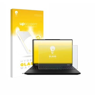 Face avant d’un emballage produit avec le logo de la marque upscreen. À côté, l’appareil XMG Apex 16 Max est représenté avec l