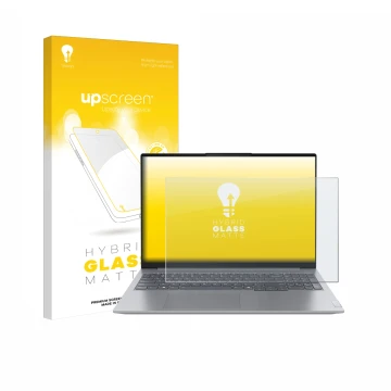 Face avant d’un emballage produit avec le logo de la marque upscreen. À côté, l’appareil Lenovo ThinkBook 16 Gen 7+ est représ