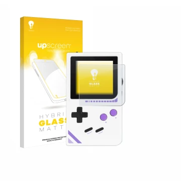 Face avant d’un emballage produit avec le logo de la marque upscreen. À côté, l’appareil Modretro Chromatic est représenté ave