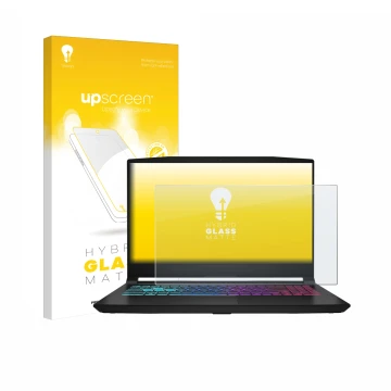 Face avant d’un emballage produit avec le logo de la marque upscreen. À côté, l’appareil MSI Katana 15 HX B14 est représenté a