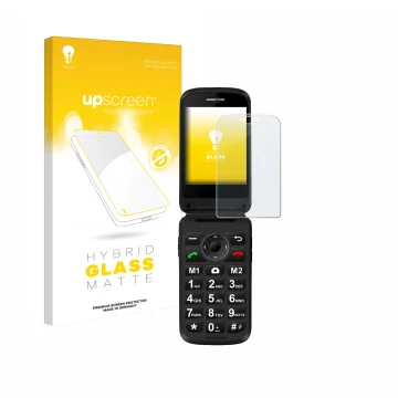 Face avant d’un emballage produit avec le logo de la marque upscreen. À côté, l’appareil Simvalley Mobile XL-970 est représent