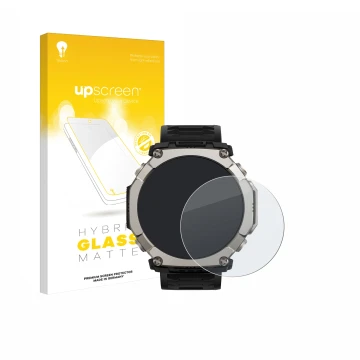 Face avant d’un emballage produit avec le logo de la marque upscreen. À côté, l’appareil Huami Amazfit T-Rex Ultra 2 est repré