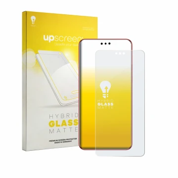 Face avant d’un emballage produit avec le logo de la marque upscreen. À côté, l’appareil Huawei Mate 60 RS Ultimate est représ