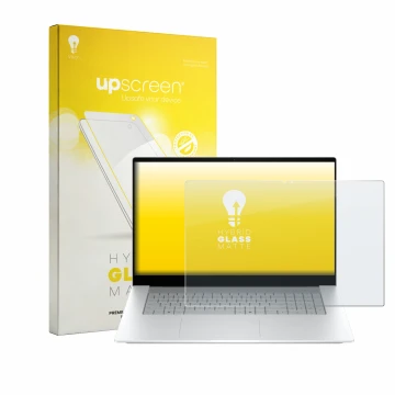 Face avant d’un emballage produit avec le logo de la marque upscreen. À côté, l’appareil HP OmniBook X 17-de0776ngx est représ