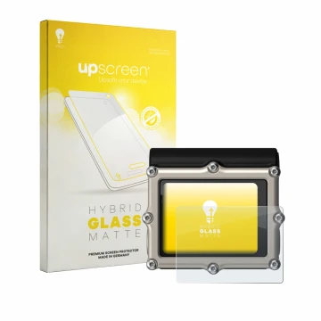 Face avant d’un emballage produit avec le logo de la marque upscreen. À côté, l’appareil Shearwater Petrel 3 dive computer est