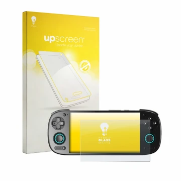 Face avant d’un emballage produit avec le logo de la marque upscreen. À côté, l’appareil Retroid Pocket 5 est représenté avec 