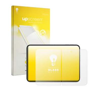 Face avant d’un emballage produit avec le logo de la marque upscreen. À côté, l’appareil Apple iPhone Duo (Affichage interne) 