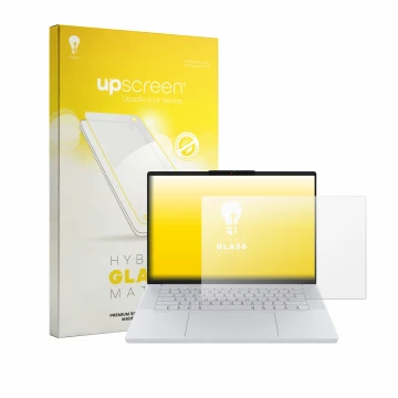 Face avant d’un emballage produit avec le logo de la marque upscreen. À côté, l’appareil Lenovo Googlebook 15 est représenté a