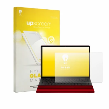 Face avant d’un emballage produit avec le logo de la marque upscreen. À côté, l’appareil HP Scuderia Ferrari Notebook est repr