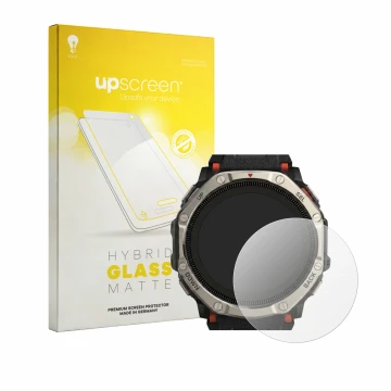 Face avant d’un emballage produit avec le logo de la marque upscreen. À côté, l’appareil Huami Amazfit T-Rex Dual Solar est re