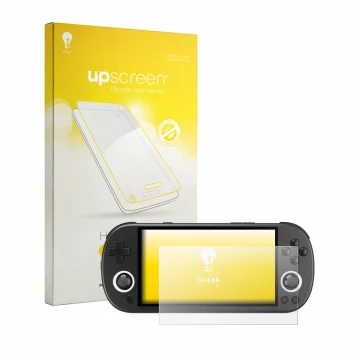 Face avant d’un emballage produit avec le logo de la marque upscreen. À côté, l’appareil Trimui Smart Pro est représenté avec 