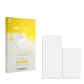 Face avant d’un emballage produit avec le logo de la marque upscreen. À côté se trouve la protection d’écran correspondante.
