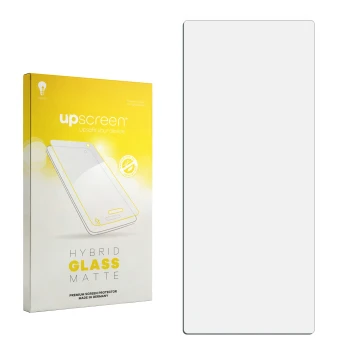 Face avant d’un emballage produit avec le logo de la marque upscreen. À côté se trouve la protection d’écran correspondante.