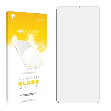 Face avant d’un emballage produit avec le logo de la marque upscreen. À côté se trouve la protection d’écran correspondante.