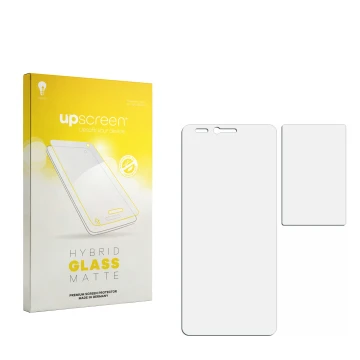 Face avant d’un emballage produit avec le logo de la marque upscreen. À côté se trouve la protection d’écran correspondante.