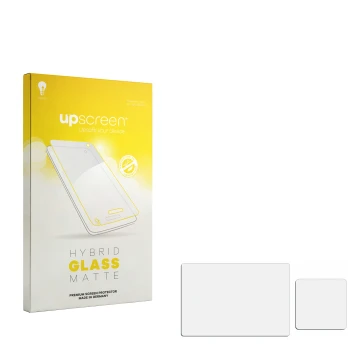 Face avant d’un emballage produit avec le logo de la marque upscreen. À côté se trouve la protection d’écran correspondante.