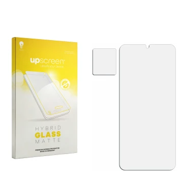 Face avant d’un emballage produit avec le logo de la marque upscreen. À côté se trouve la protection d’écran correspondante.