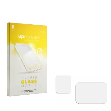 Face avant d’un emballage produit avec le logo de la marque upscreen. À côté se trouve la protection d’écran correspondante.