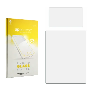 Face avant d’un emballage produit avec le logo de la marque upscreen. À côté se trouve la protection d’écran correspondante.