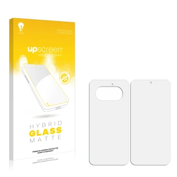 Face avant d’un emballage produit avec le logo de la marque upscreen. À côté se trouve la protection d’écran correspondante.