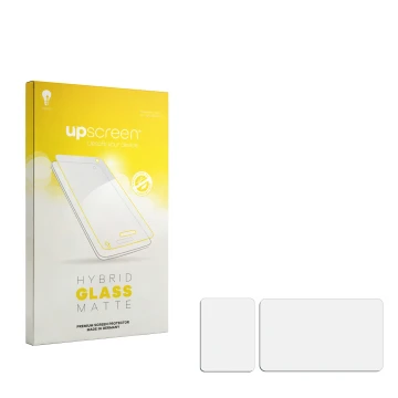 Face avant d’un emballage produit avec le logo de la marque upscreen. À côté se trouve la protection d’écran correspondante.