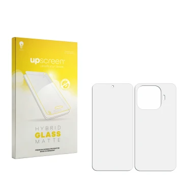Face avant d’un emballage produit avec le logo de la marque upscreen. À côté se trouve la protection d’écran correspondante.