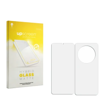 Face avant d’un emballage produit avec le logo de la marque upscreen. À côté se trouve la protection d’écran correspondante.