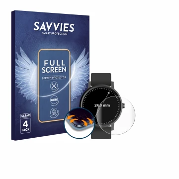 Face avant d’un emballage produit avec le logo de la marque Savvies. À côté, l’appareil Montres (Circulaire, ø: 24 mm) est rep