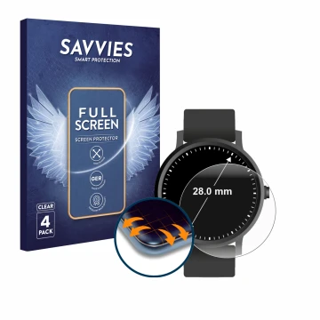 Face avant d’un emballage produit avec le logo de la marque Savvies. À côté, l’appareil Montres (Circulaire, ø: 28 mm) est rep