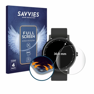 Face avant d’un emballage produit avec le logo de la marque Savvies. À côté, l’appareil Montres (Circulaire, ø: 30 mm) est rep