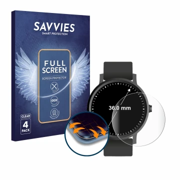 Face avant d’un emballage produit avec le logo de la marque Savvies. À côté, l’appareil Montres (Circulaire, ø: 36 mm) est rep