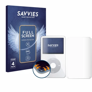 Face avant d’un emballage produit avec le logo de la marque Savvies. À côté, l’appareil Apple iPod Classic Video (Avant+Arrièr