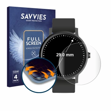 Face avant d’un emballage produit avec le logo de la marque Savvies. À côté, l’appareil Montres (Circulaire, ø: 29 mm) est rep