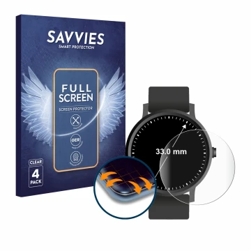 Face avant d’un emballage produit avec le logo de la marque Savvies. À côté, l’appareil Montres (Circulaire, ø: 33 mm) est rep