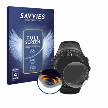 Face avant d’un emballage produit avec le logo de la marque Savvies. À côté, l’appareil Suunto Core All Black est représenté a