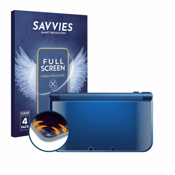Face avant d’un emballage produit avec le logo de la marque Savvies. À côté, l’appareil Nintendo New 3DS XL (boîtier) est repr
