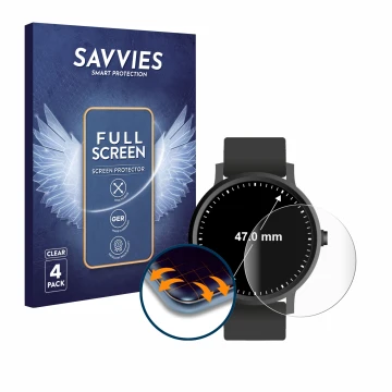 Face avant d’un emballage produit avec le logo de la marque Savvies. À côté, l’appareil Montres (Circulaire, ø: 47 mm) est rep