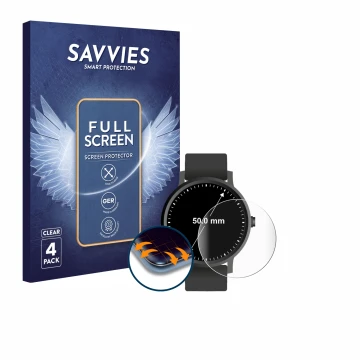 Face avant d’un emballage produit avec le logo de la marque Savvies. À côté, l’appareil Montres (Circulaire, ø: 50 mm) est rep