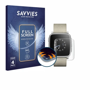 Face avant d’un emballage produit avec le logo de la marque Savvies. À côté, l’appareil Pebble Time Steel est représenté avec 