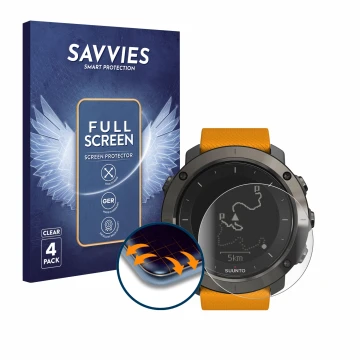 Face avant d’un emballage produit avec le logo de la marque Savvies. À côté, l’appareil Suunto Traverse est représenté avec la