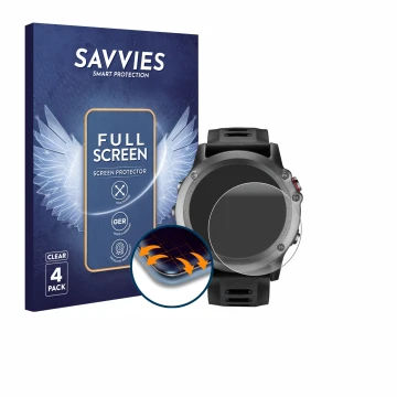 Face avant d’un emballage produit avec le logo de la marque Savvies. À côté, l’appareil Garmin Fenix 3 HR est représenté avec 