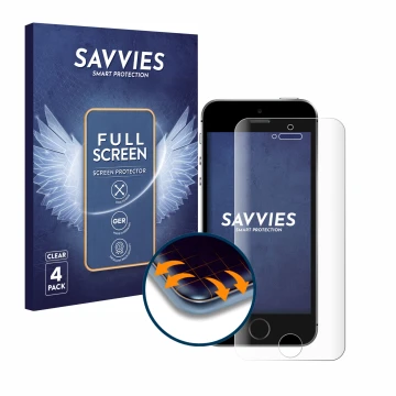 Face avant d’un emballage produit avec le logo de la marque Savvies. À côté, l’appareil Apple iPhone SE 2016 est représenté av