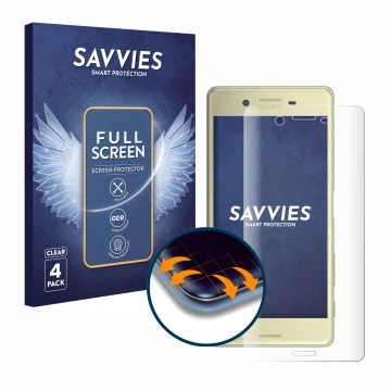 Face avant d’un emballage produit avec le logo de la marque Savvies. À côté, l’appareil Sony Xperia X est représenté avec la p