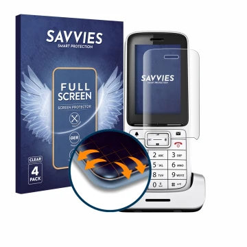 Face avant d’un emballage produit avec le logo de la marque Savvies. À côté, l’appareil Gigaset SL450HX est représenté avec la