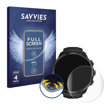 Face avant d’un emballage produit avec le logo de la marque Savvies. À côté, l’appareil Suunto Spartan Sport Wrist HR est repr
